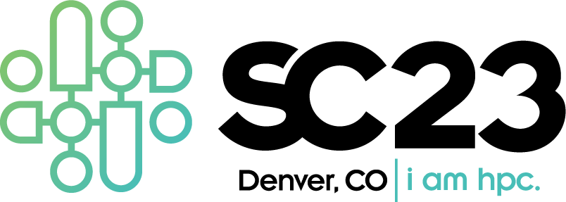 The logo for SC23. It reads SC23. Denver, CO. I am hpc. To it's left is a graphic geometric shape in blues and greens.