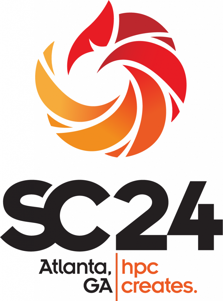 A graphical logo for SC24 Atlanta GA. The main graphic is an orange to red ombre swirl that curls above the text SC24. 